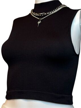 FCT Basics Black Sleeveless Mock Neck Ribbed Crop Top M